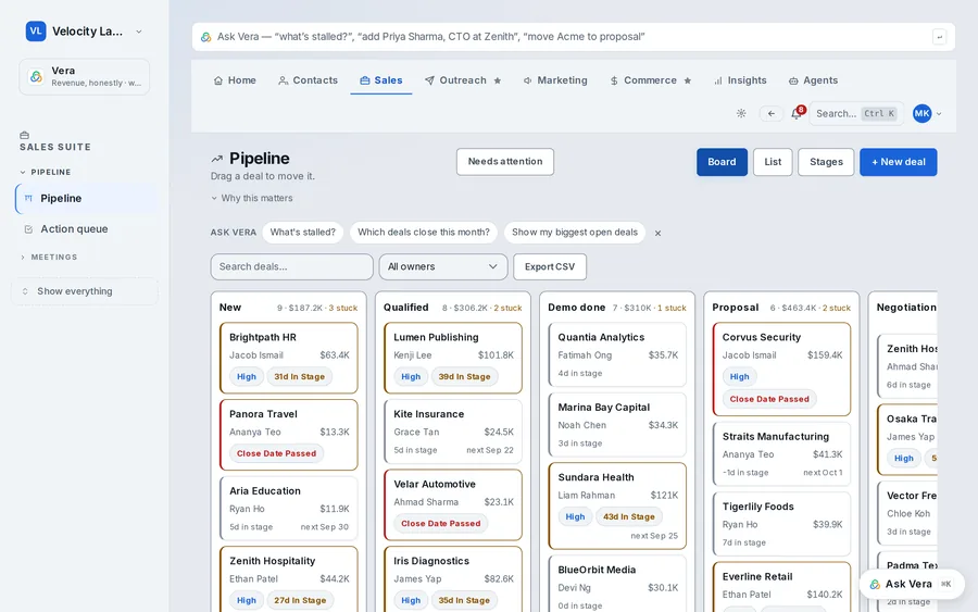 Quotarider CRM pipeline board with deals created from replies